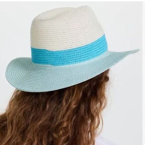 NWT Eugenia Kim Genie Billie Colorblock Packable Straw Fedora in Ivory/Teal/Mint main image 8